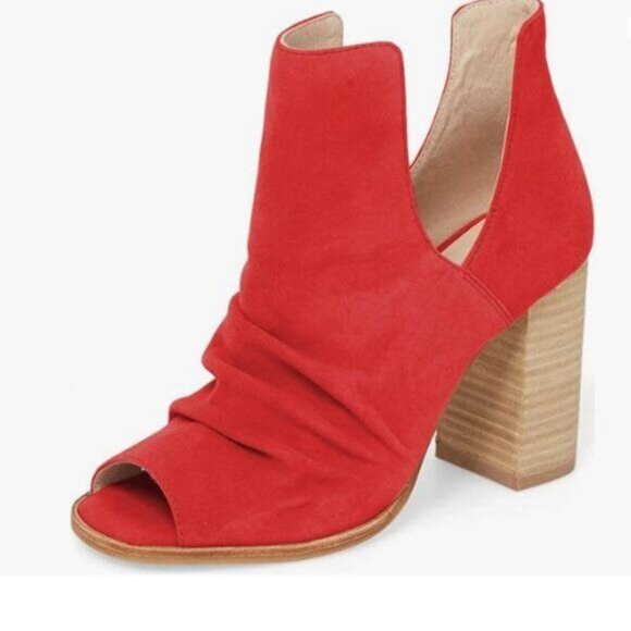 YDN Office Boots Comfort Cutout Cutout High Chunky Heels Peep Toe RED - Picture 1 of 7
